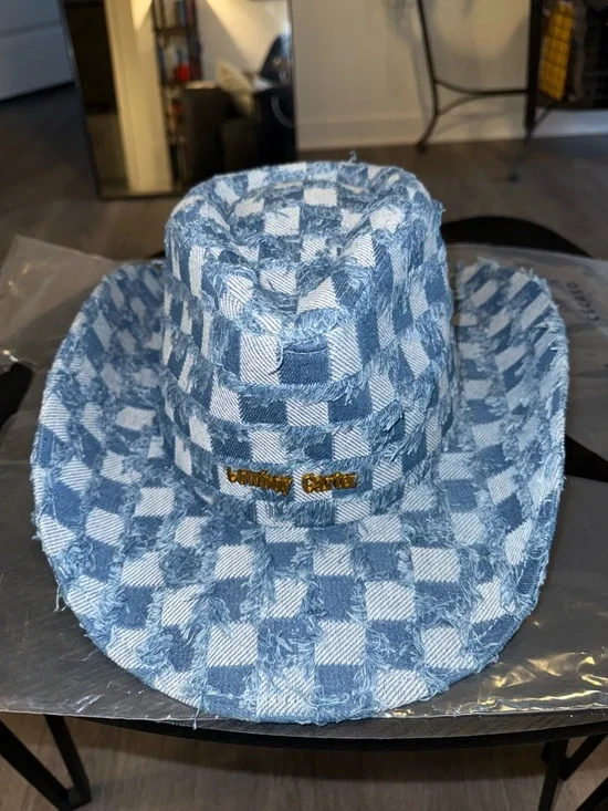 Cowboy Carter Distressed Check Cowboy Hat in Light Blue & White - Picture 2 of 2